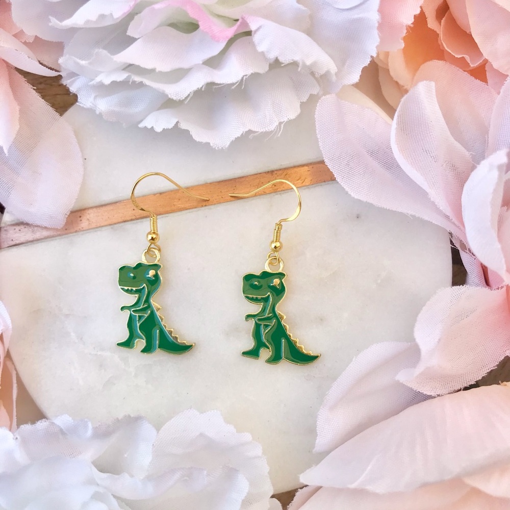 Gold and Green T-Rex Dangly Earrings NWT
